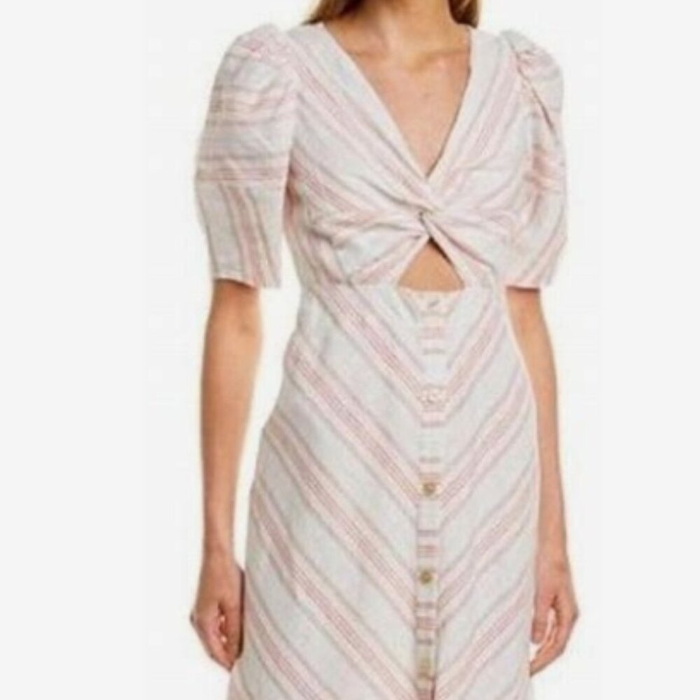 Rebecca Taylor Stripe Puff Sleeve Linen Midi Dress Size 0